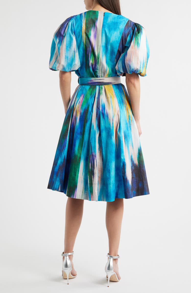 Elie Tahari Miriam Ikat Print Belted Cotton Dress, Alternate, color, Water Canvas Print