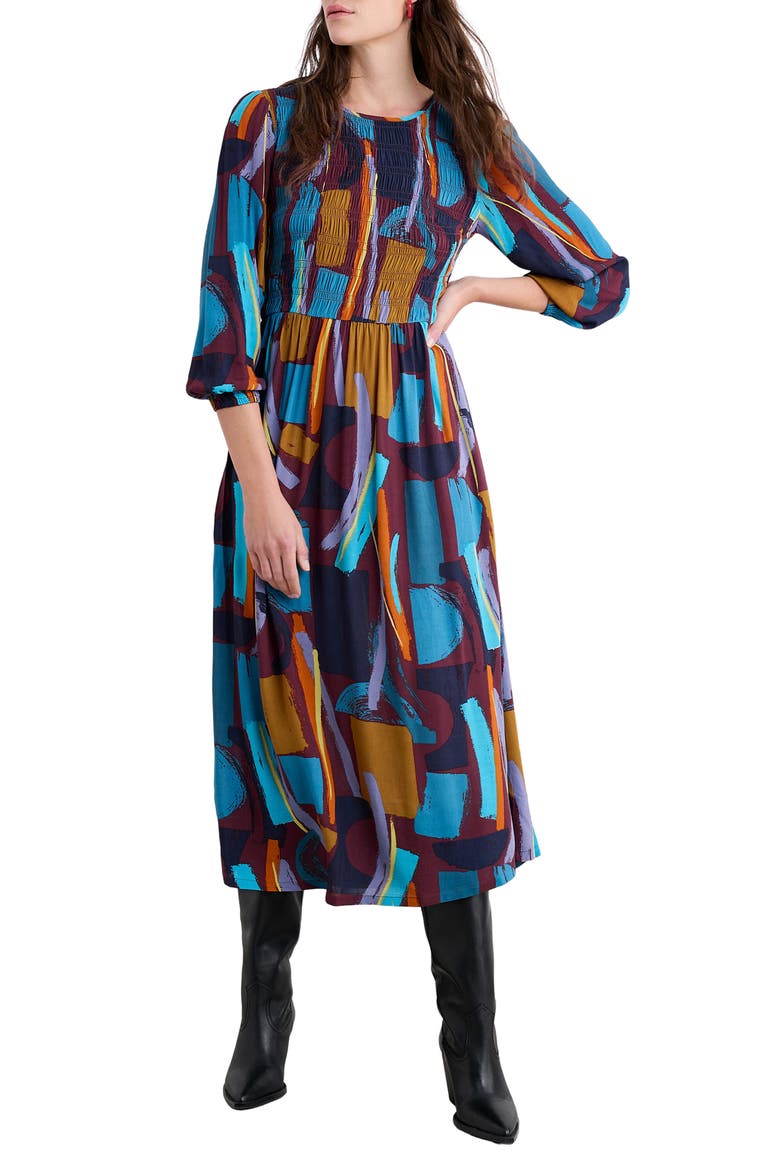 Meadowsweet Geo Print Smocked Midi Dress, Main, color, ZENNOR STACK DARK RYE