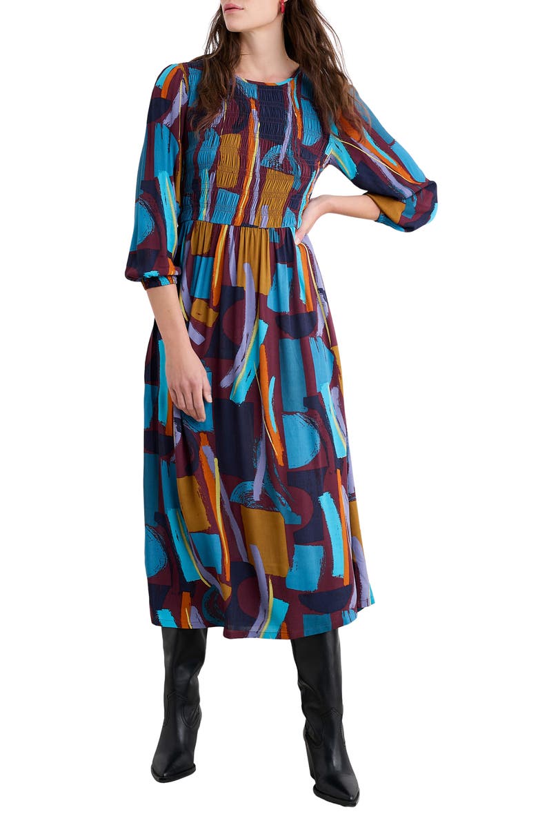 Seasalt Cornwall Meadowsweet Geo Print Smocked Midi Dress, Main, color, Zennor Stack Dark Rye