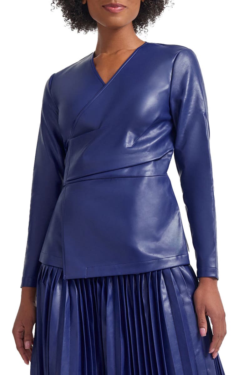 Misook Faux Leather Wrap Jacket, Main, color, Starry Night Blue