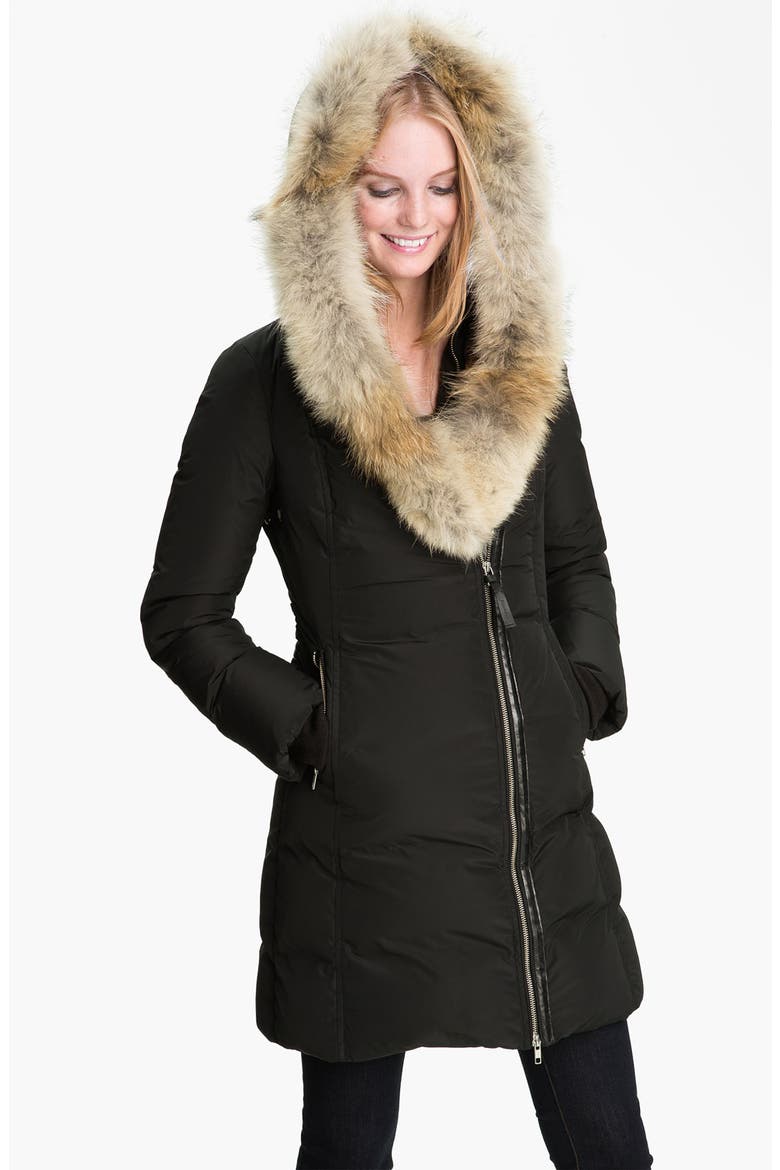 Long Down Coat with Genuine Coyote & Rabbit Fur, Alternate, color, BLACK