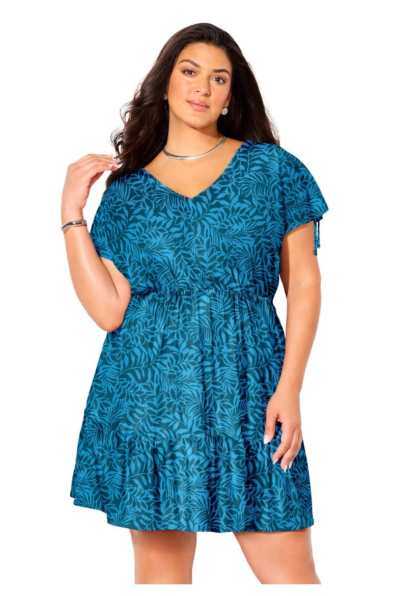 Pack & Go Wrinkle Resistant V Neck Short Sleeve Cover Up Dress, Main, color, Mediterranean Palms
