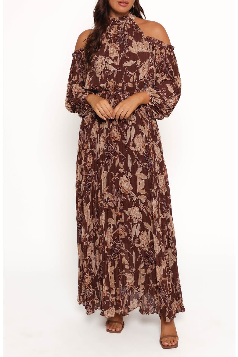 Hillary Floral Cold Shoulder Long Sleeve Maxi Dress, Main, color, BROWN FLORAL