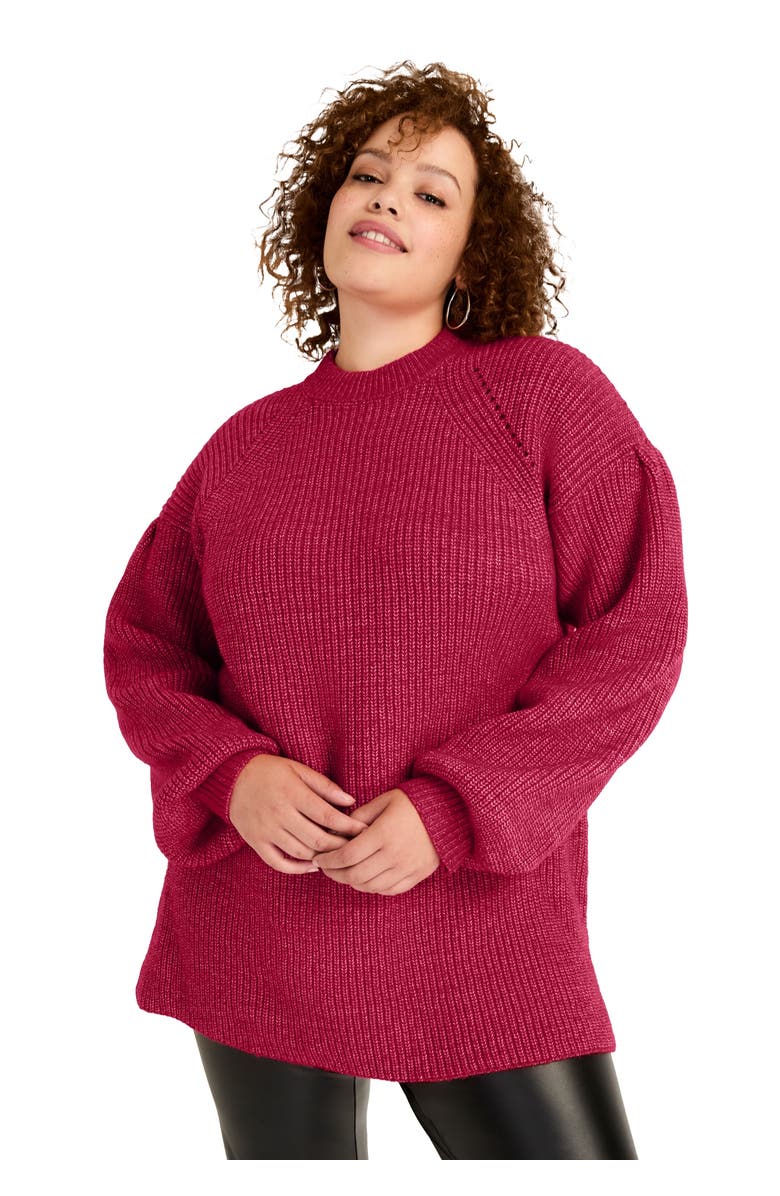 June + Vie Puff-Sleeve Mockneck Sweater, Main, color, Cherry