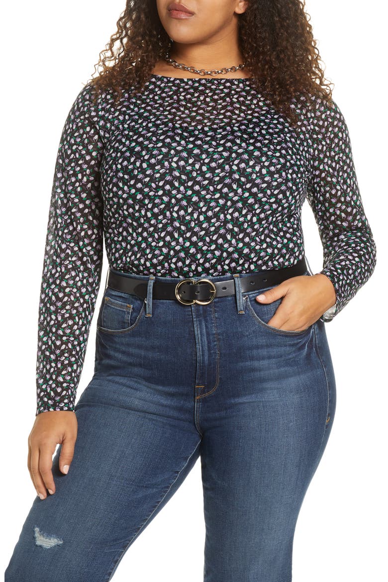 Boat Neck Mesh Top, Main, color, BLACK- PURPLE ABSTRACT DOT