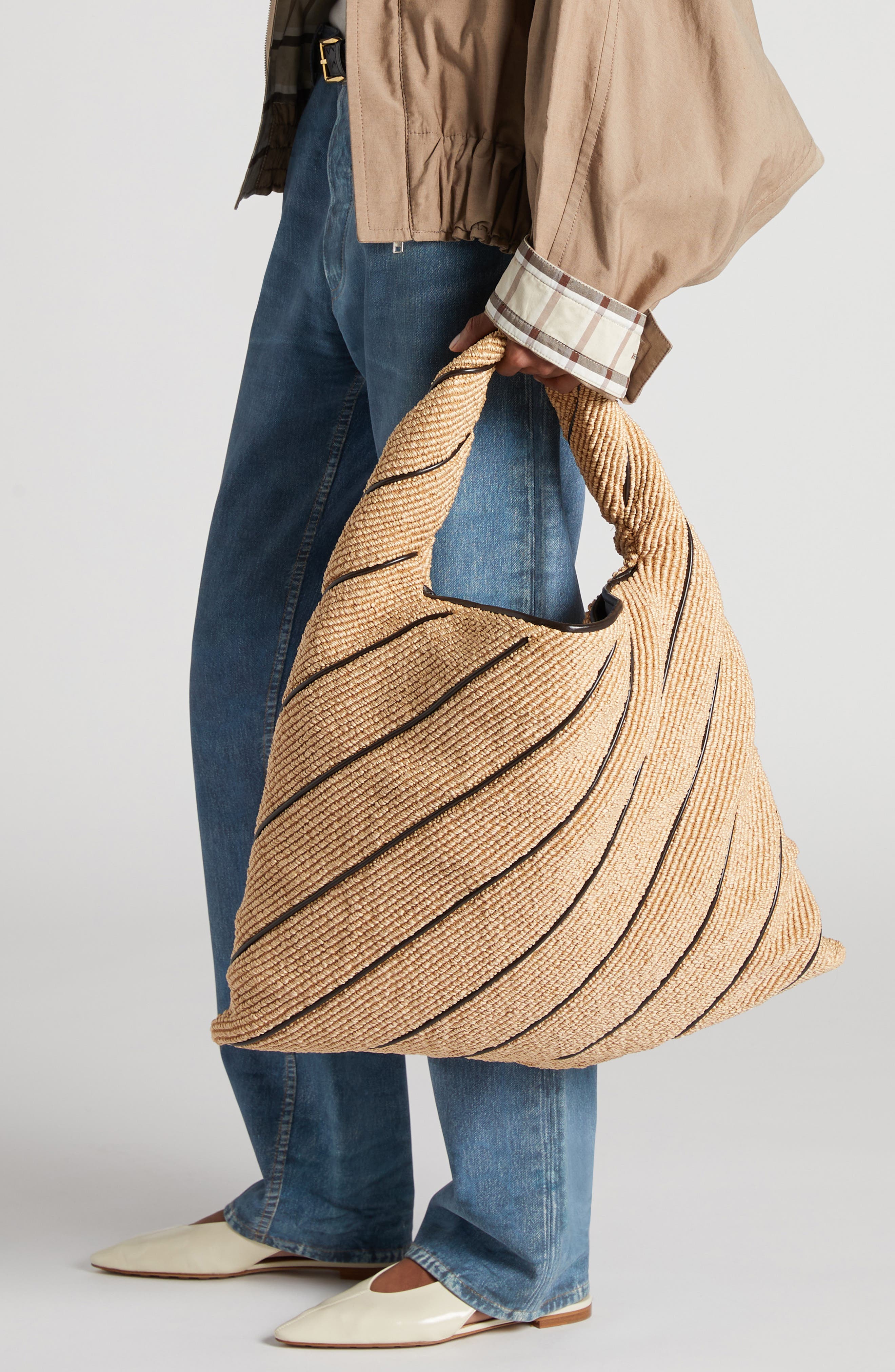Bottega Veneta Large Hop Stripe Raffia Hobo Bag, Alternate, color, 9249 Natural-Fondant