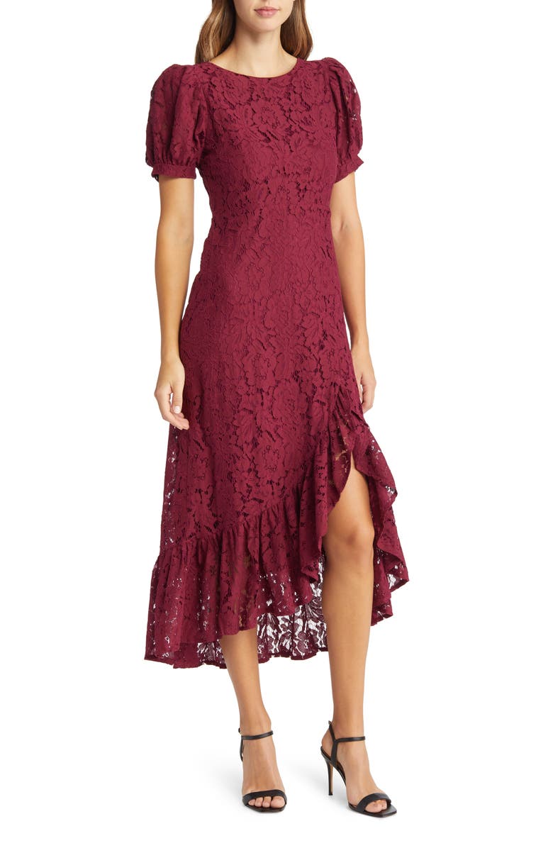 MELLODAY Ruffle Puff Sleeve Lace Midi Dress, Main, color,