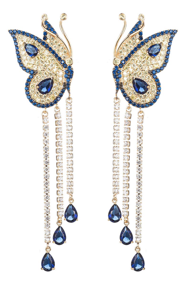 EYE CANDY LOS ANGELES The Luxe Collection Vanessa Butterfly Blue Cubic Zirconia Earrings, Main, color, Gold