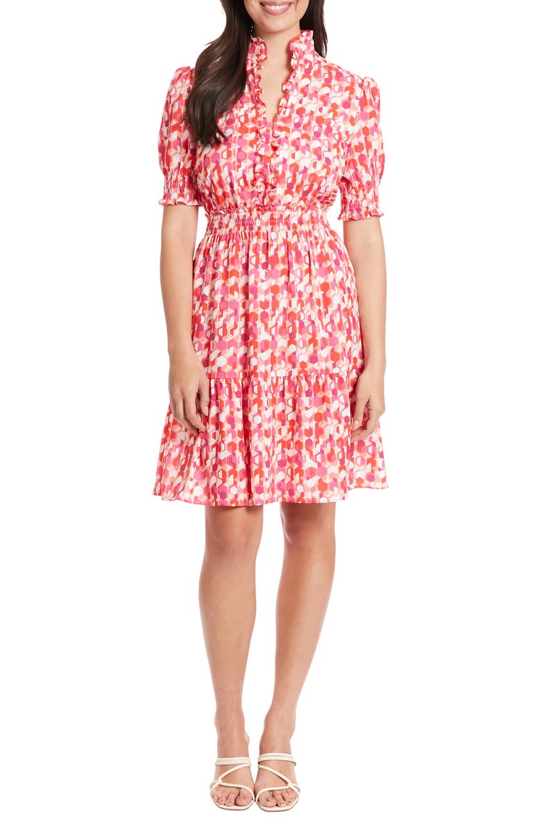 London Times Print Ruffle Puff Sleeve Dress, Main, color, Pink Multi