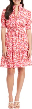London Times Print Ruffle Puff Sleeve Dress