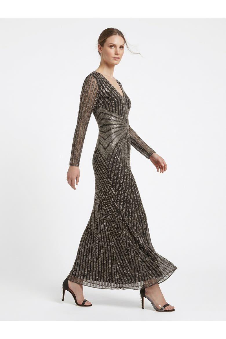 Long Sleeve Beaded Gown, Alternate, color, Black Silver