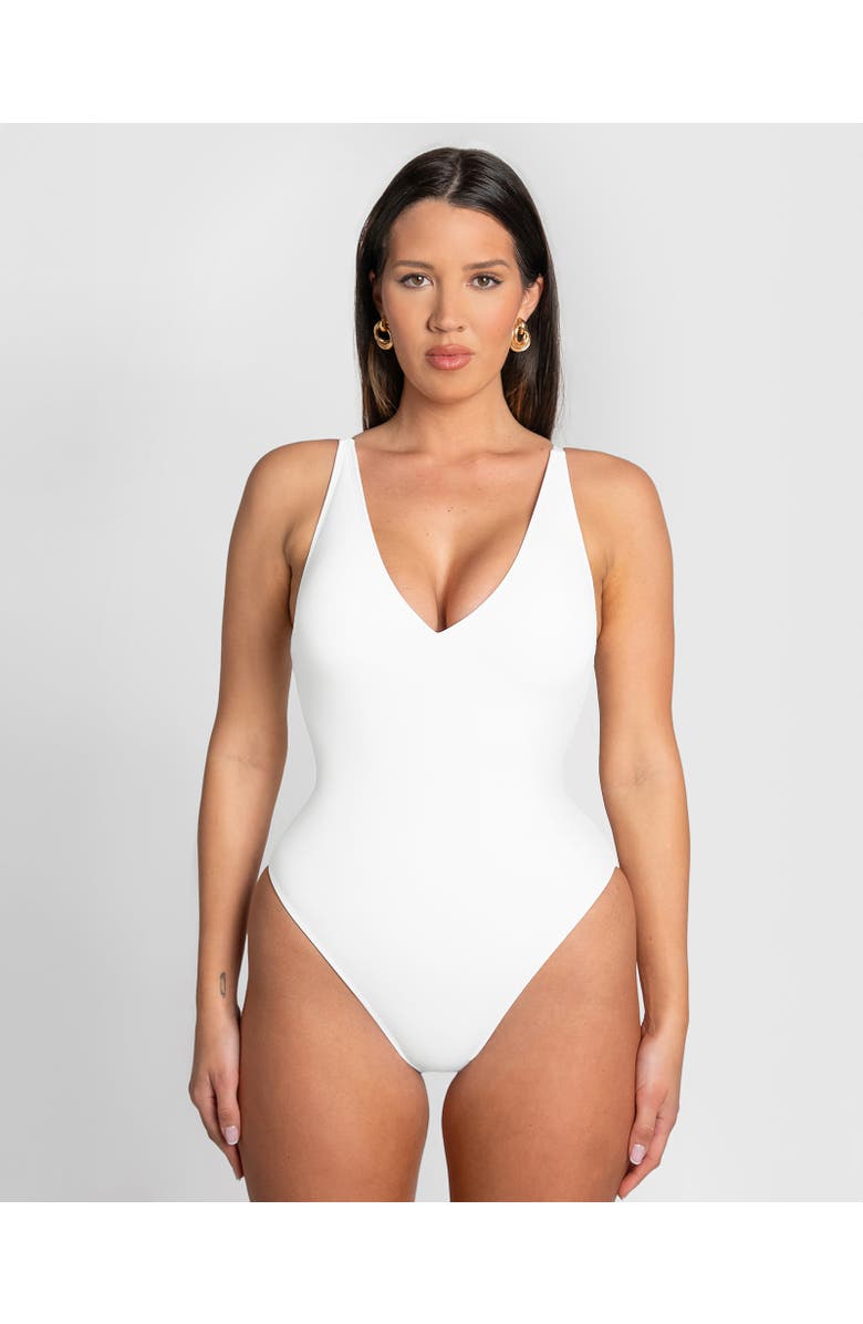 TA3 Mega Sculpting Plunge Brazilian Cut One-Piece Swimsuit, Main, color, White