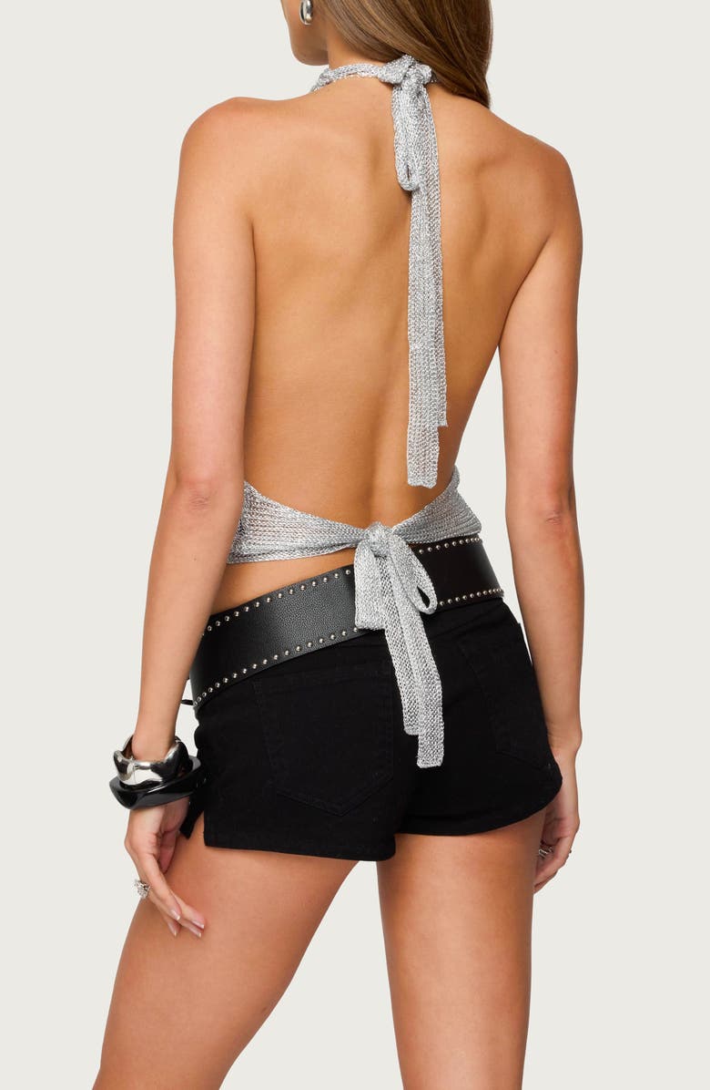 EDIKTED Metallic Cowl Neck Knit Halter Crop Top, Alternate, color, Silver