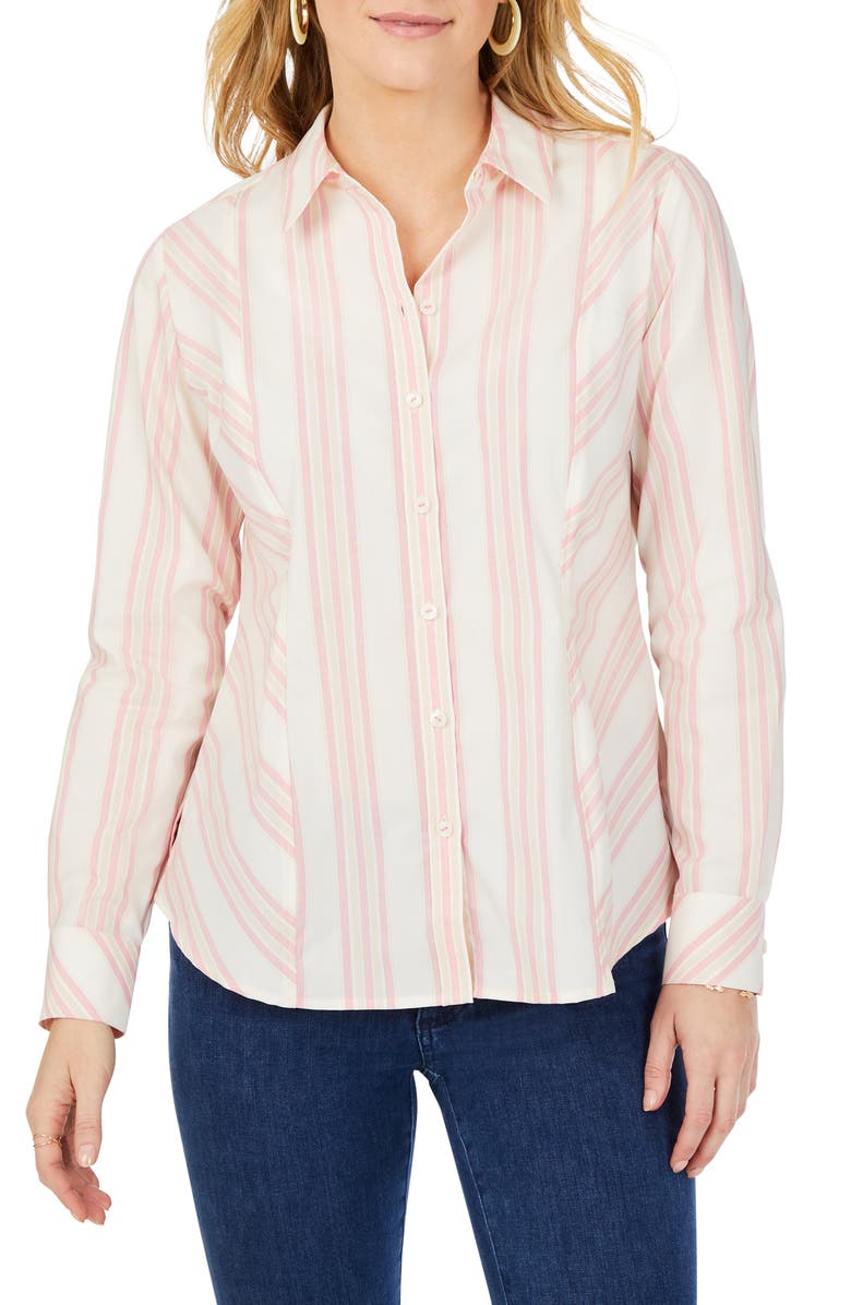 Foxcroft Riley Stripe Cotton Button-Up Shirt, Main, color, Pink Whisp