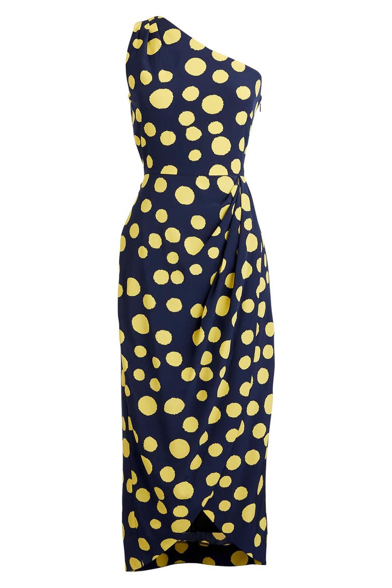 Polka Dot One-Shoulder Silk Dress, Alternate, color, NAVY