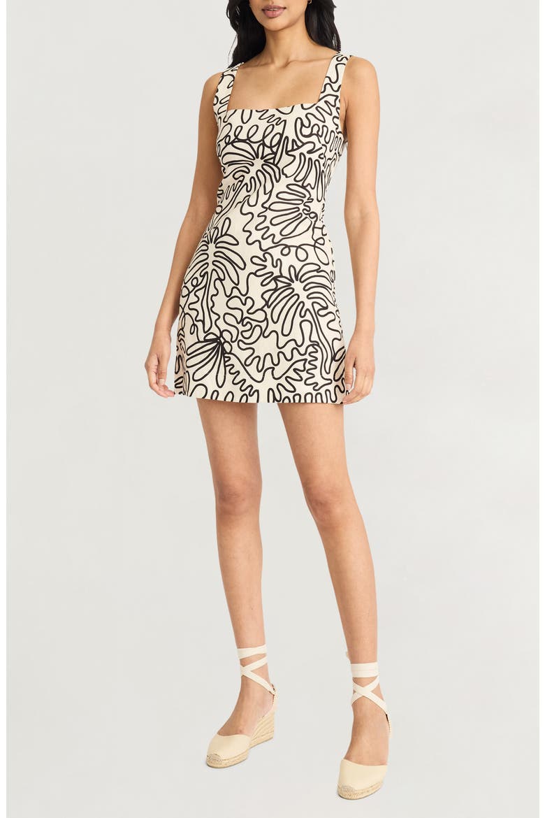 Squiggle Print Square Neck Linen Blend Minidress, Main, color, CREAM BLACK
