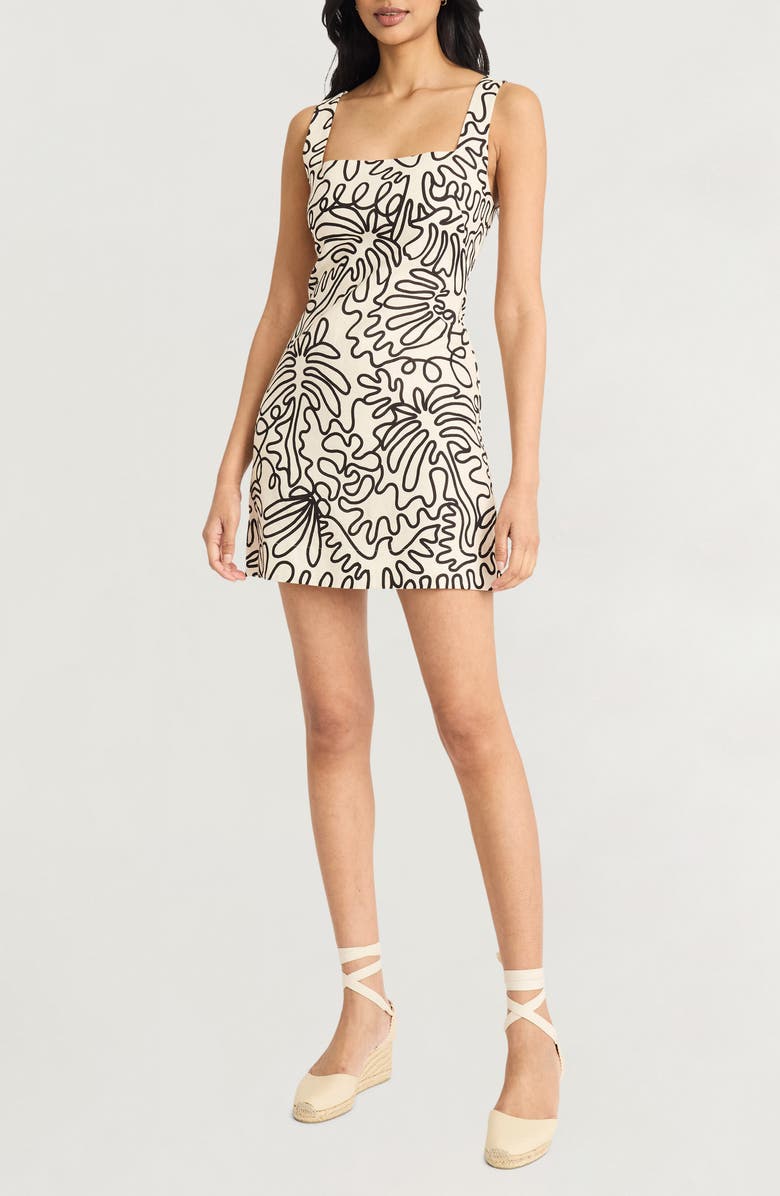 The Good Journey Squiggle Print Square Neck Linen Blend Minidress, Main, color, Cream Black