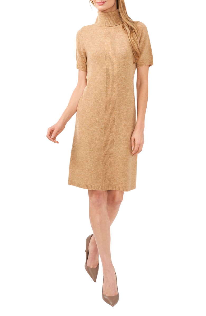 CeCe Short Sleeve Turtleneck Sweater Dress, Main, color, Latte Heather