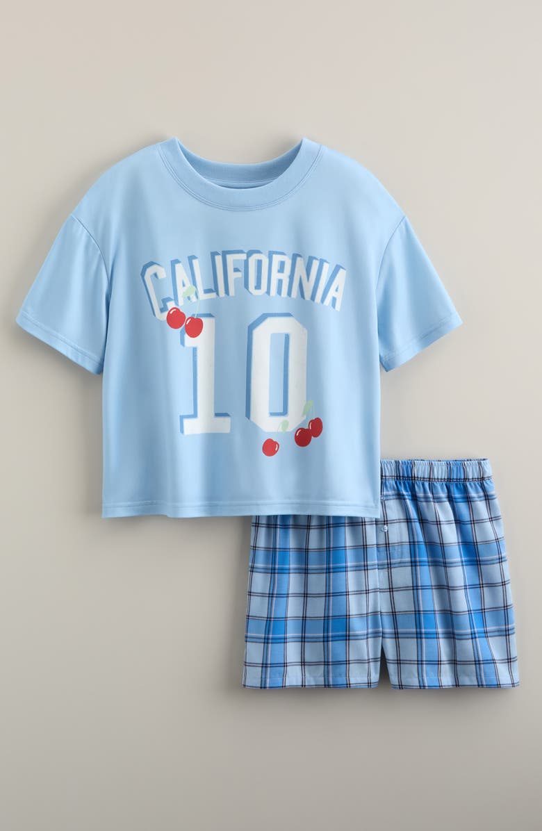 Nordstrom Kids' Short Sleeve T-Shirt & Boxer Set, Main, color, Blue Plaid Cherries
