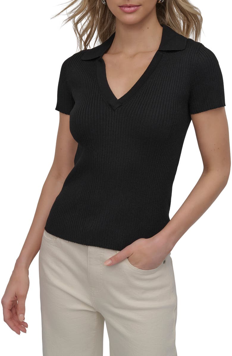 DKNY Jeans Short Sleeve Rib Polo Sweater, Main, color, Black