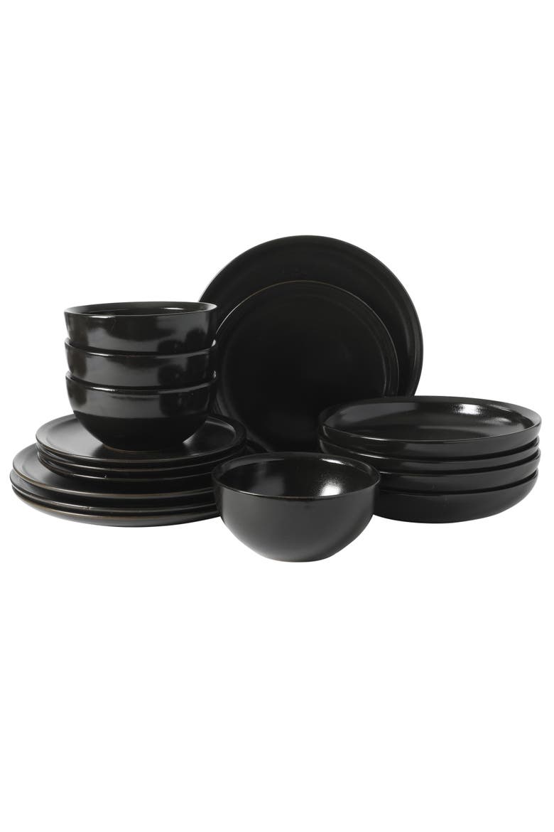 Beckett 16-Piece Matte Reactive Glaze Stoneware Dinnerware Set, Main, color, Black