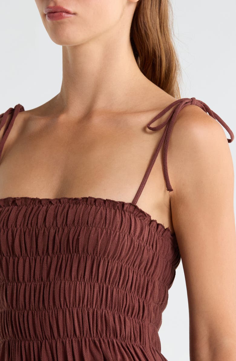 All in Favor Shirred Tie Shoulder Lace Trim Minidress, Alternate, color, Brown
