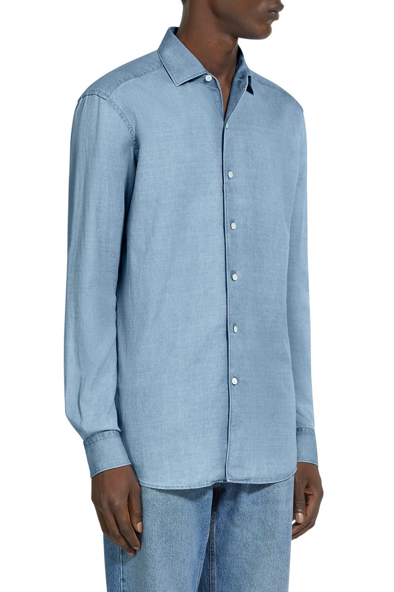 Bleached Button-Up Denim Shirt, Main, color, BR BLU SLD
