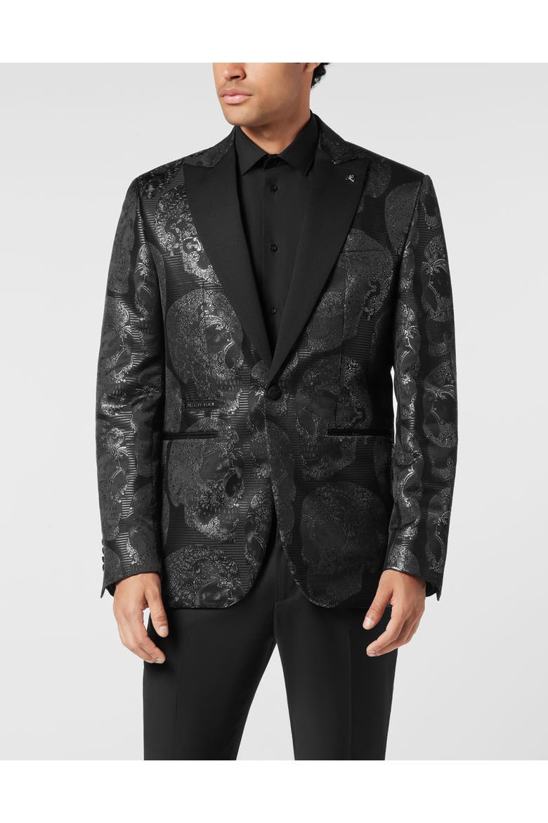 Jacquard Lord Fit Blazer All Over Skull Men, Main, color, black