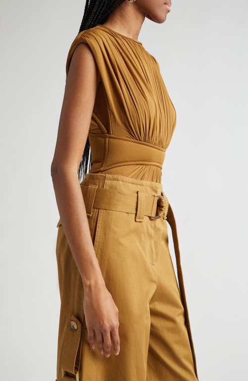 Zimmermann Silk Jersey Bodysuit With Gathered Detailing In Khaki
