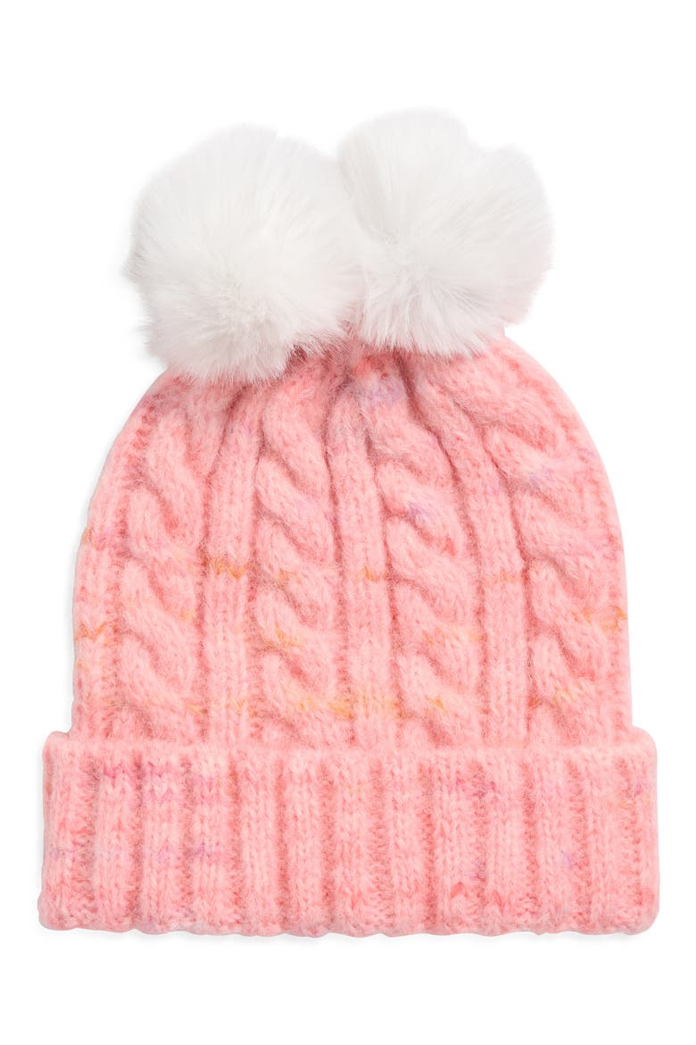 Braided Beanie with Double Pompom, Main, color, CORAL MULTI