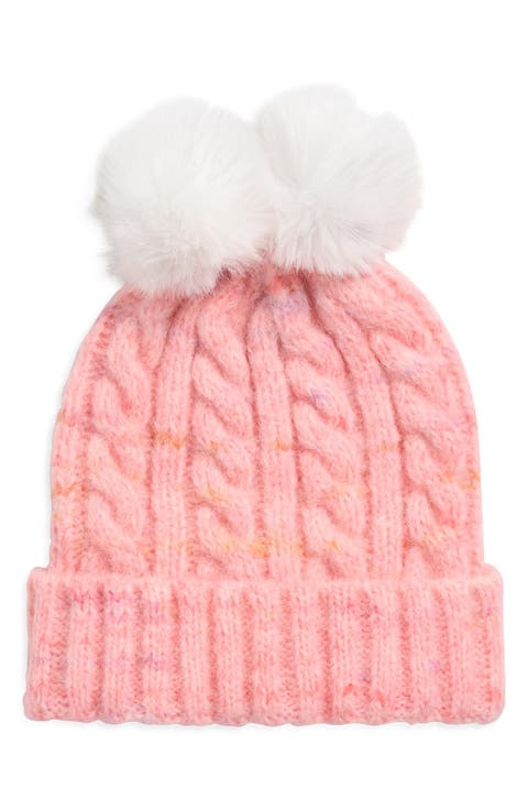 Braided Beanie with Double Pompom