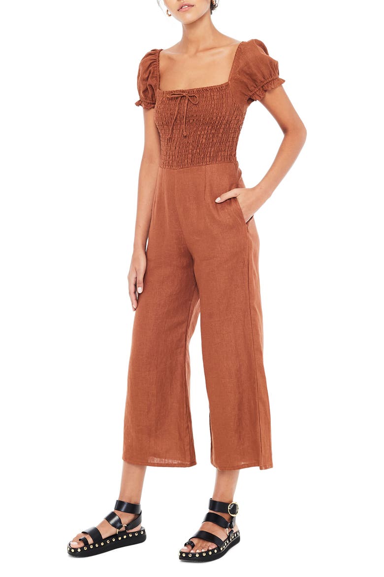Winnie Wide Leg Linen Jumpsuit, Alternate, color, PLAIN CHESTNUT
