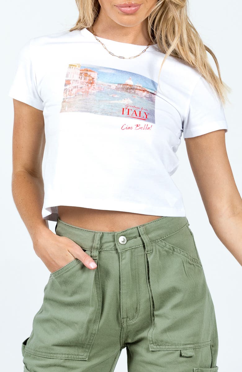 Princess Polly Italy Love Organic Cotton Crop Graphic T-Shirt, Main, color, White