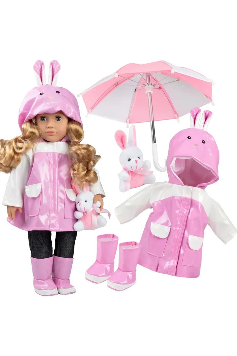 4 Piece Pink Bunny Raincoat Doll Outfit w Rabbit Plush- 18" Doll Clothes & Accessories, Main, color, Pink