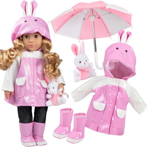 4 Piece Pink Bunny Raincoat Doll Outfit w Rabbit Plush- 18" Doll Clothes & Accessories
