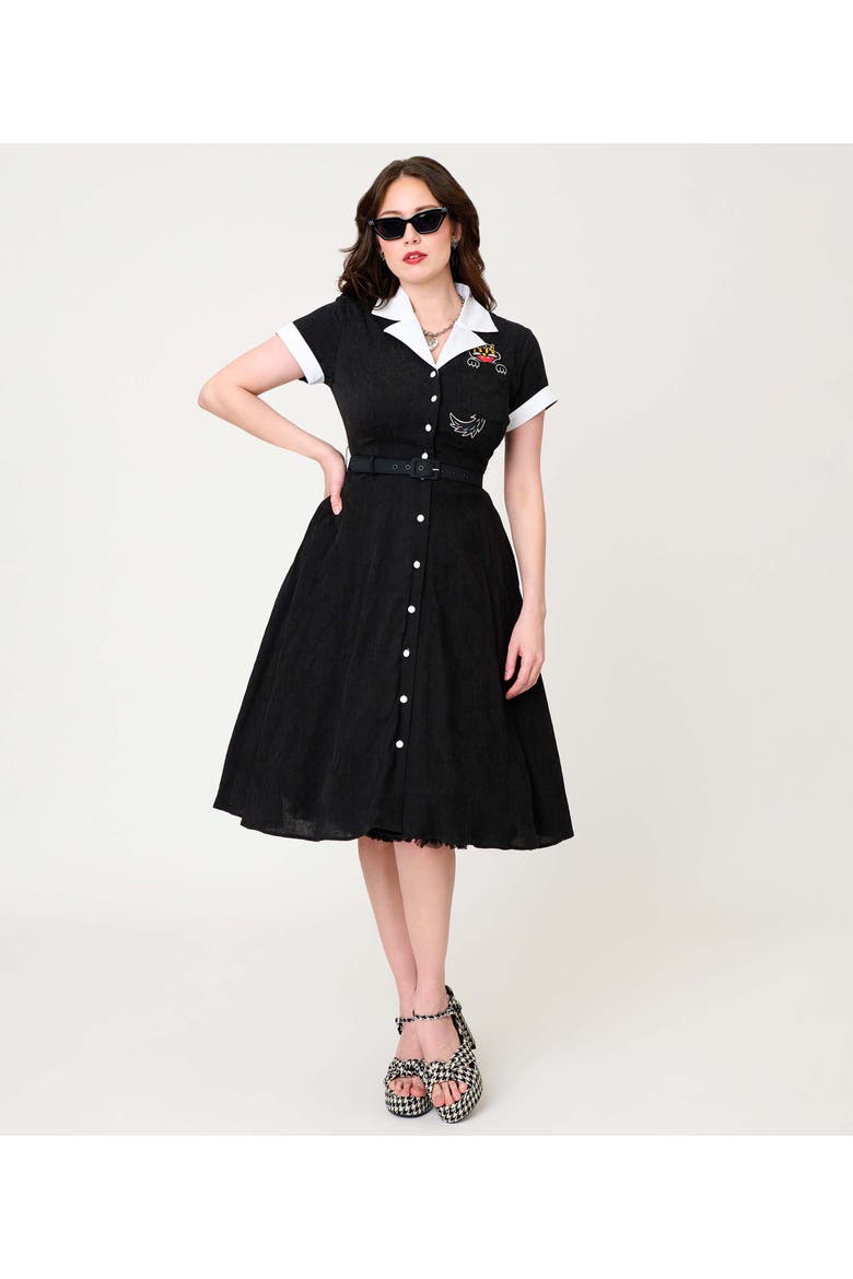 Collared Short Sleeved Belted Alexis Swing Dress, Main, color, Black w/ Cat Embroidered