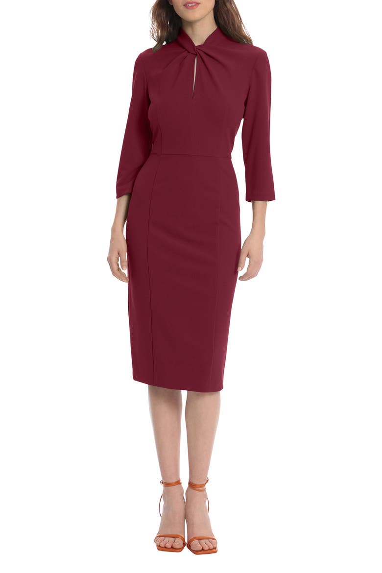 Crepe Three-Quarter Sleeve Sheath Dress, Main, color, ARRESTING BURGUNDY