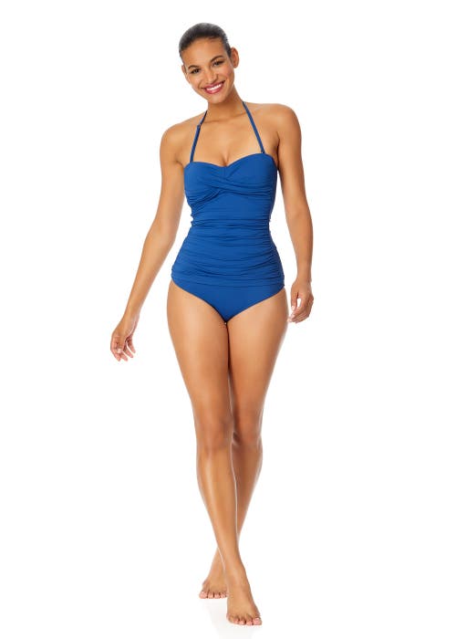Anne Cole Live In Color Twist Front Bandeaukini Swim Top In Slate Blue