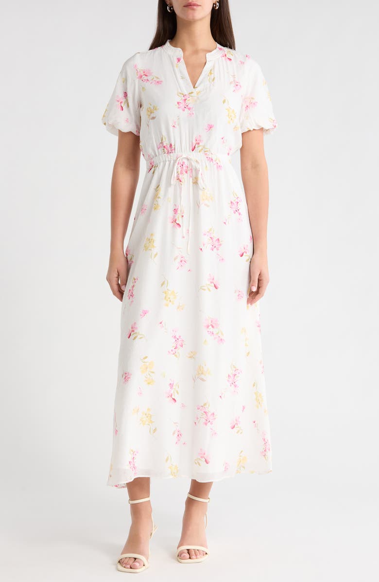 Vince Camuto Floral Split Neck Maxi Dress, Main, color, Lemon Cream