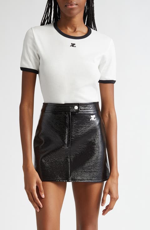 7489. 【美品】Courreges 胸元ロゴ ベルト付き 5分袖ニット Courreges クレージュ 半袖ニット サイズ:38 ホワイト コットン