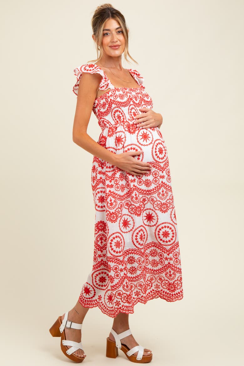 Embroidered Smocked Cutout Midi Dress, Alternate, color, Red