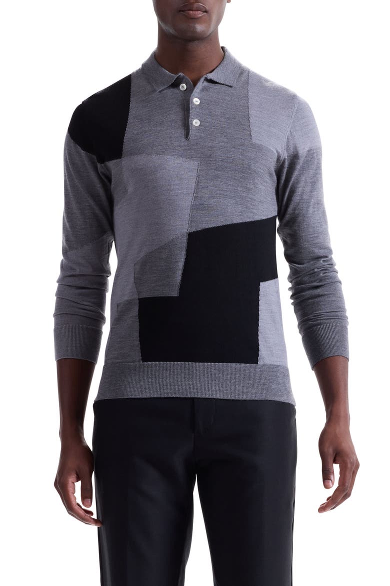 Colorblock Merino Wool Polo Sweater, Main, color, ZINC