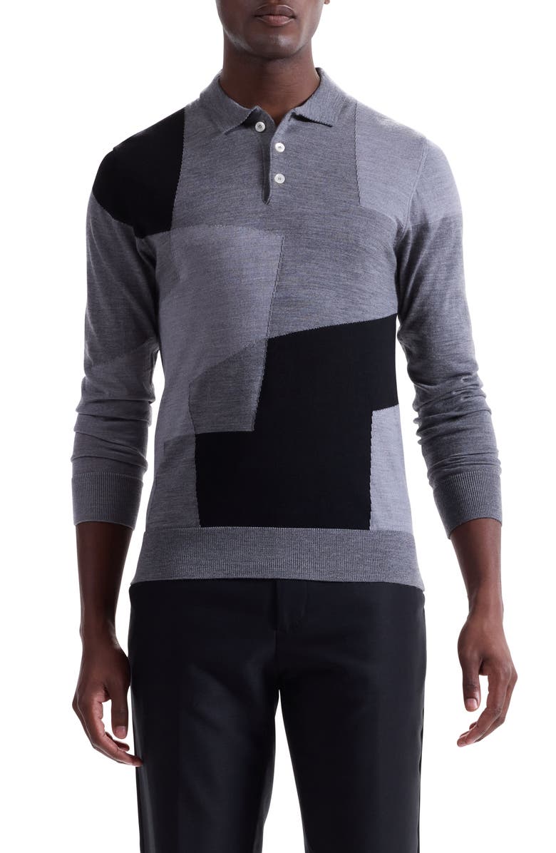 Bugatchi Colorblock Merino Wool Polo Sweater, Main, color, Zinc