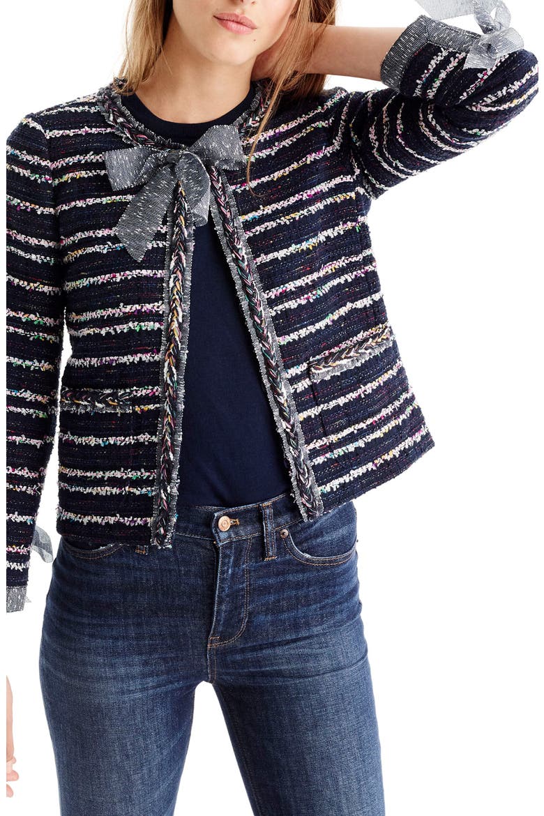 Tie Detail Tweed Lady Jacket, Main, color, NAVY MULTI
