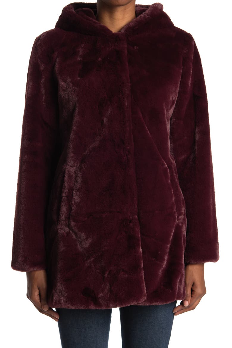 Collection Hooded Faux Fur Coat, Alternate, color, BURGUNDY