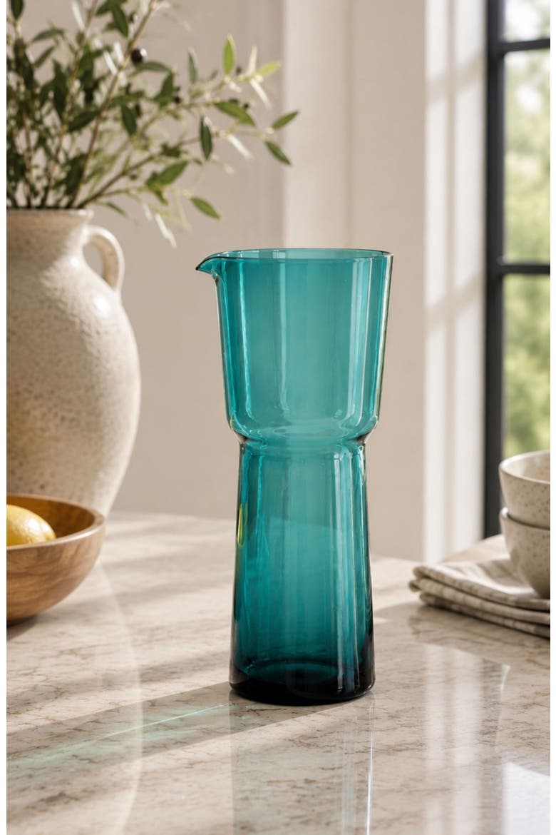 Skive Blown Glass Pitcher, Alternate, color, TEAL BLUE