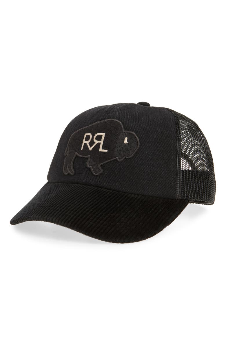 Double RL Buffalo Logo Patch Trucker Hat, Main, color, Black
