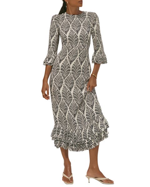 Printed Ruffle Detail Midi Dress