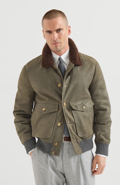 Waxed shearling bomber jacket with shearling collar