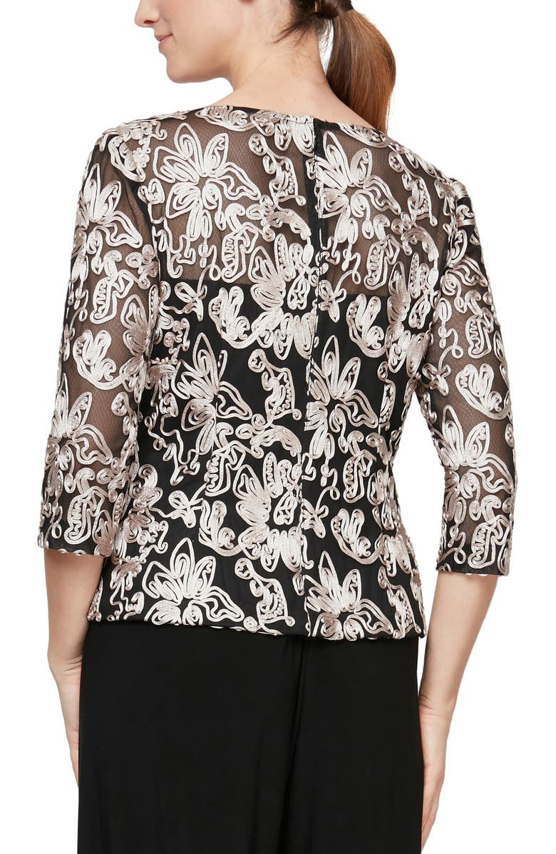 Alex Evenings Soutache Tulle Blouse, Alternate, color, Black/ White